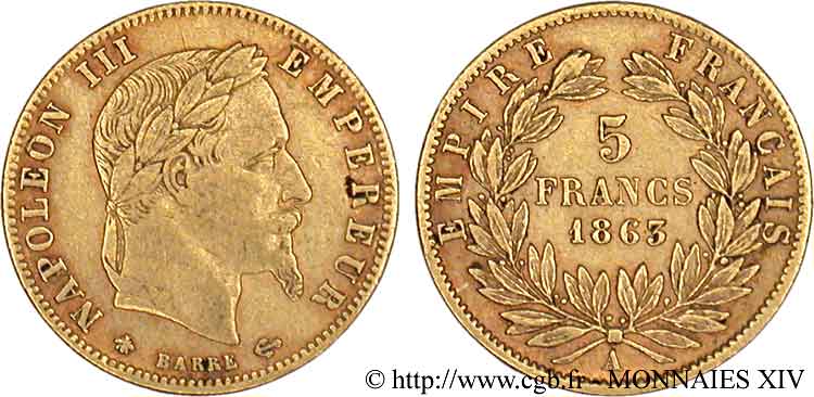 5 francs or Napoléon III, tête laurée 1863 Paris F.502/3 TB 