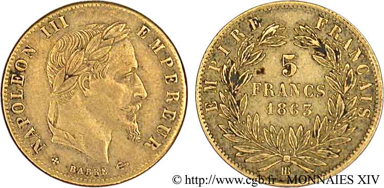 5 francs or Napoléon III, tête laurée 1863 Strasbourg F.502/4 BB 
