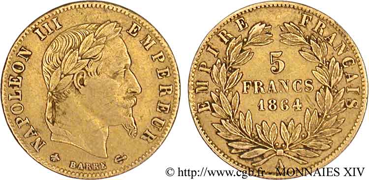 5 francs or Napoléon III, tête laurée 1864 Paris F.502/5 TB 