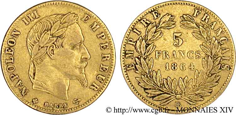 5 francs or Napoléon III, tête laurée 1864 Strasbourg F.502/6 TB 