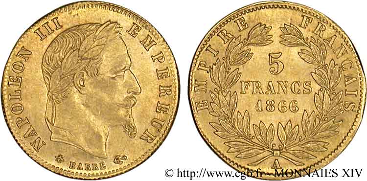 5 francs or Napoléon III, tête laurée 1866 Paris F.502/9 AU 