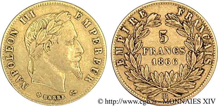 5 francs or Napoléon III, tête laurée 1866 Strasbourg F.502/10 TB 