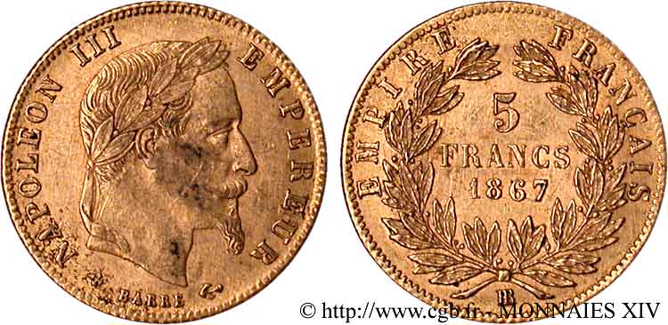 5 francs or Napoléon III, tête laurée 1867 Strasbourg F.502/12 SS 