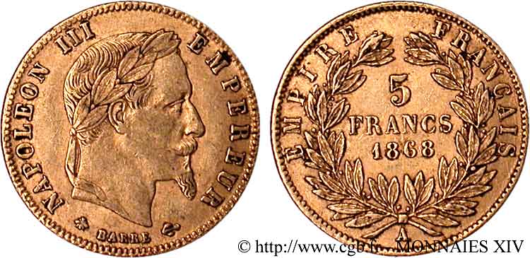 5 francs or Napoléon III, tête laurée 1868 Paris F.502/13 XF 