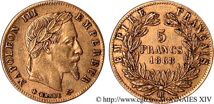 5 francs or Napoléon III, tête laurée 1868 Strasbourg F.502/14 MBC 