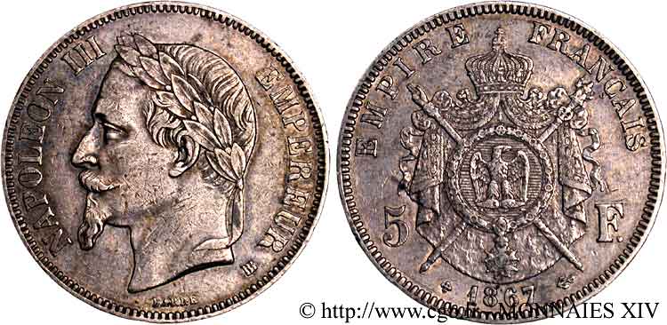 5 francs Napoléon III, tête laurée 1867 Strasbourg F.331/10 XF 