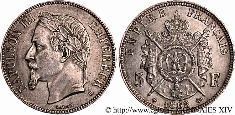 5 francs Napoléon III, tête laurée 1868 Strasbourg F.331/12 SS 