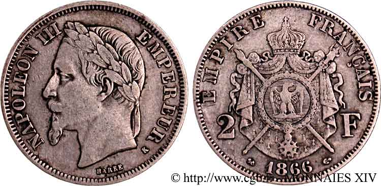2 francs Napoléon III, tête laurée  1866 Bordeaux F.263/4 S 