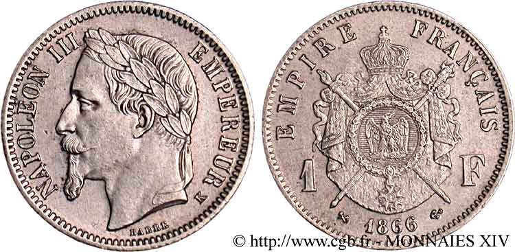 1 franc Napoléon III, tête laurée 1866 Bordeaux F.215/5 VZ 