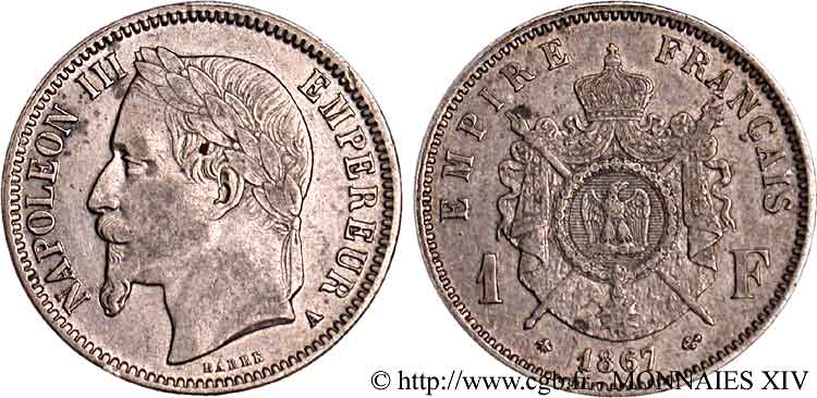 1 franc Napoléon III, tête laurée 1867 Paris F.215/6 BC 