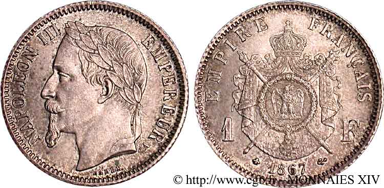 1 franc Napoléon III, tête laurée 1867 Paris F.215/6 VZ 