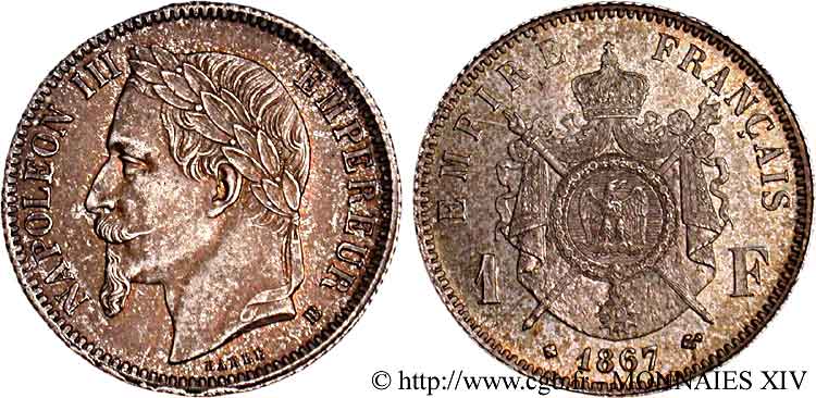 1 franc Napoléon III, tête laurée 1867 Strasbourg F.215/7 SUP 