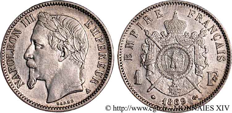 1 franc Napoléon III, tête laurée 1869 Paris F.215/14 XF 