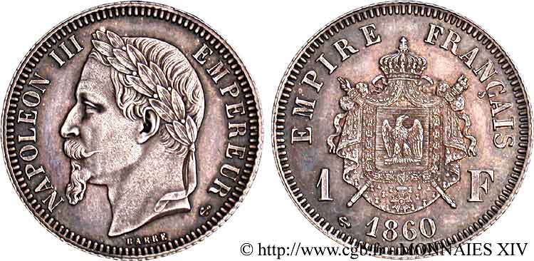 Essai flan bruni 1 franc Napoléon III, tête laurée par Barre 1860 Paris VG.3559  fST 