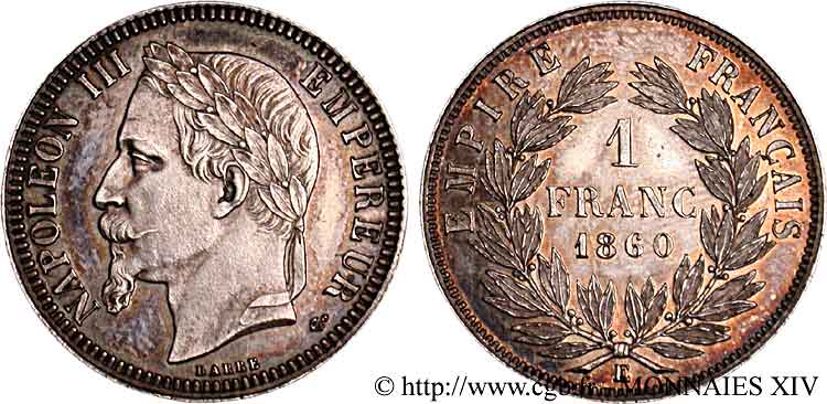 Essai 1 franc Napoléon III, tête laurée par Barre 1860 Paris VG.3560  fST 