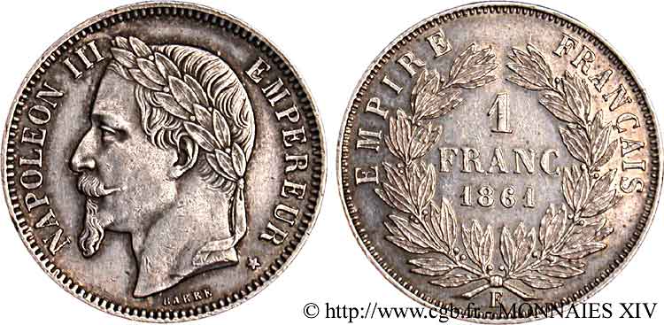 Essai 1 franc Napoléon III, tête laurée par Barre 1861 Paris VG.3582  AU 