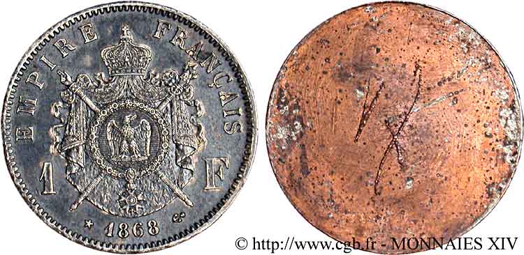 Essai uniface du revers de 1 franc Napoléon III par Barre 1868 Paris VG.-  AU 