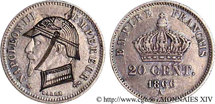 Monnaie satirique 20 centimes Napoléon III avec casque à pointe 1866 Paris F.149/4 var. SUP 
