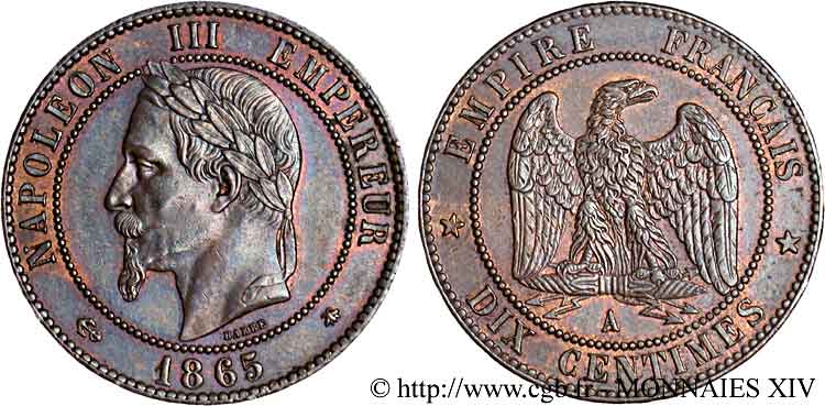 Dix centimes Napoléon III, tête laurée 1865 Paris F.134/16 EBC 