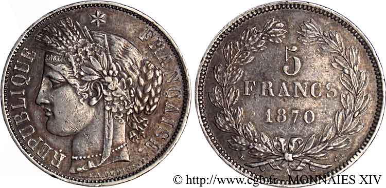 5 francs Cérès sans légende 1870  Paris F.332/1 SS 