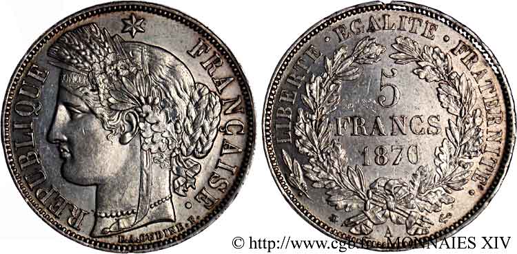 5 francs Cérès avec légende 1870 Paris F.333/1 VZ 