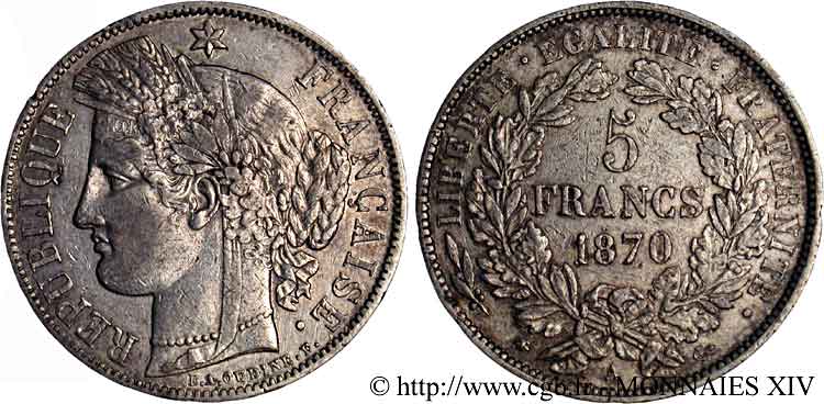 5 francs Cérès avec légende 1870 Paris F.333/1 TTB 