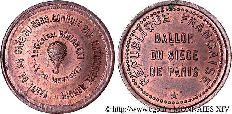 Essai au module de 10 centimes, ballon   Le général Bourbaki   1871 Paris Fl.835  SC 