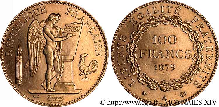 100 francs génie, tranche inscrite en relief Dieu protège la France 1879 Paris F.552/3 VZ 
