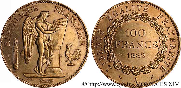 100 francs génie, tranche inscrite en relief Dieu protège la France 1882 Paris F.552/5 SUP 