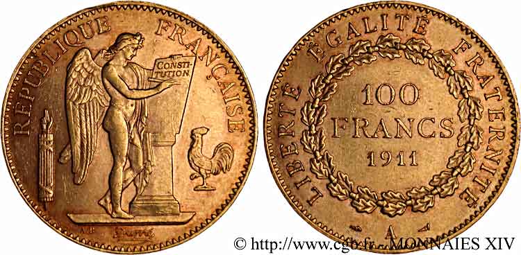 100 francs génie, tranche inscrite en relief liberté égalité fraternité 1911 Paris F.553/5 AU 