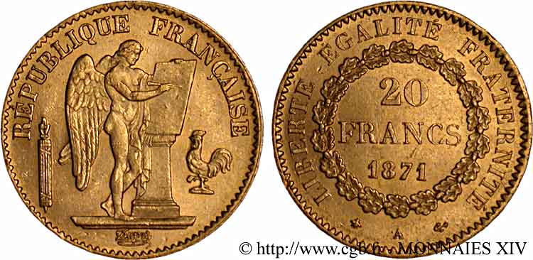 20 francs génie, Troisième république 1871 Paris F.533/1 SPL 