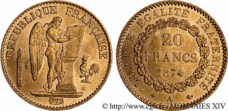 20 francs génie, Troisième république 1874 Paris F.533/2 AU 