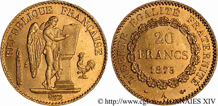 20 francs génie, Troisième république 1875 Paris F.533/3 SUP 