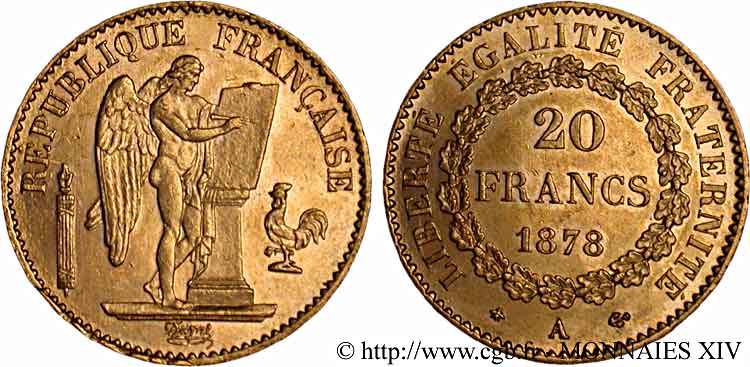 20 francs génie, Troisième république 1878 Paris F.533/6 SUP 