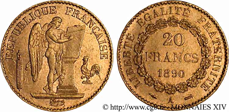 20 francs génie, Troisième république 1890 Paris F.533/14 SPL 
