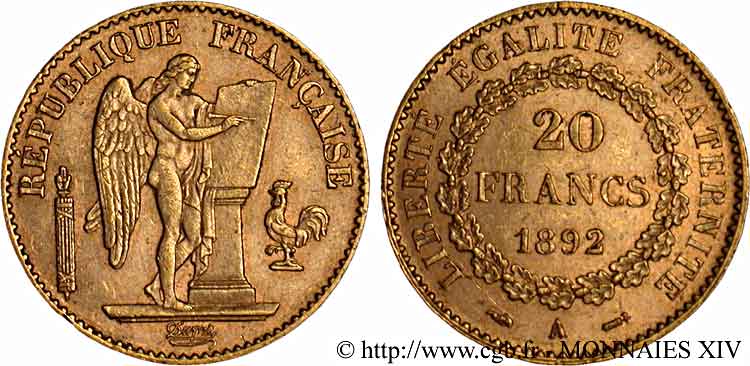 20 francs génie, Troisième république 1892 Paris F.533/16 SPL 