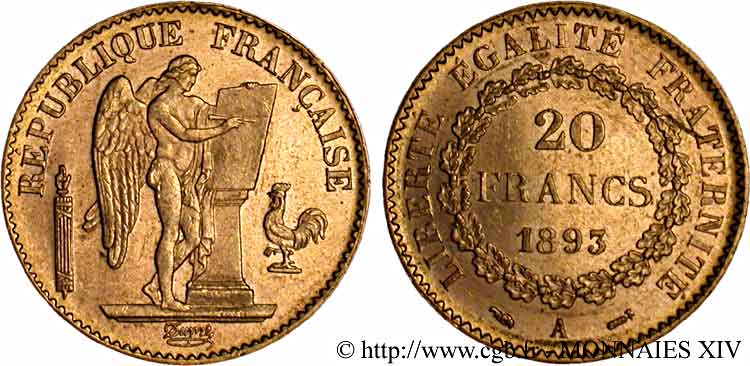 20 francs génie, Troisième république 1893 Paris F.533/17 AU 