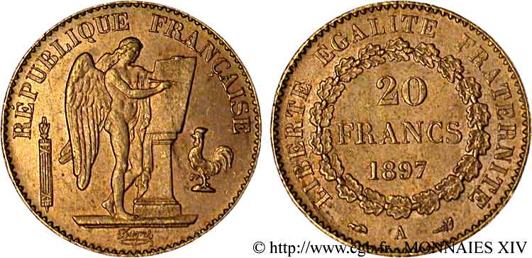 20 francs génie, Troisième république 1897 Paris F.533/22 AU 
