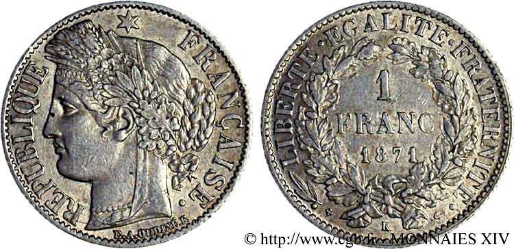 1 franc Cérès Troisième république 1871 Bordeaux F.216/3 VZ 