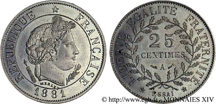 Essai de 25 centimes par Merley  1881 Paris VG.3976  MS 
