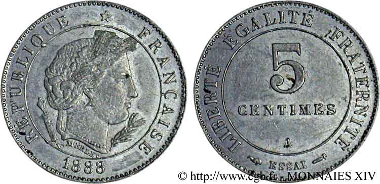 Essai de 5 centimes par Merley  1888 Paris VG.4085  EBC 