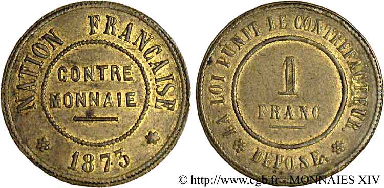 Contre-monnaie de 1 franc 1873  VG.3846 c EBC 