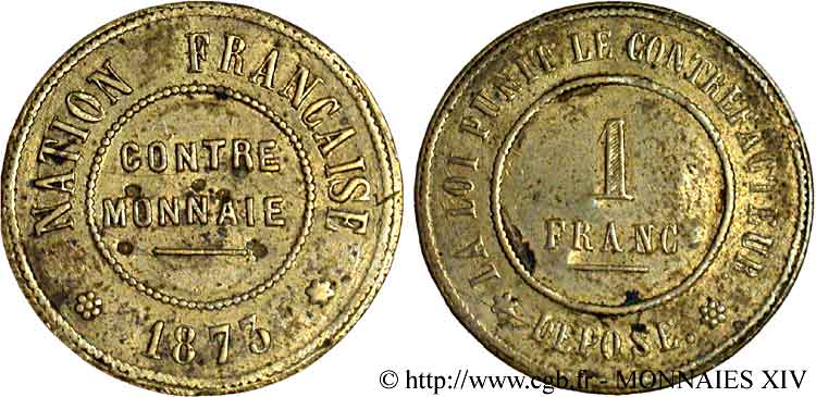 Contre-monnaie de 1 franc 1873  VG.3846  c XF 
