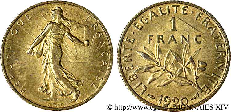 1 franc Semeuse et Bronze-Aluminium avec signature O. Roty 1920  Maz.2580 var. SUP 