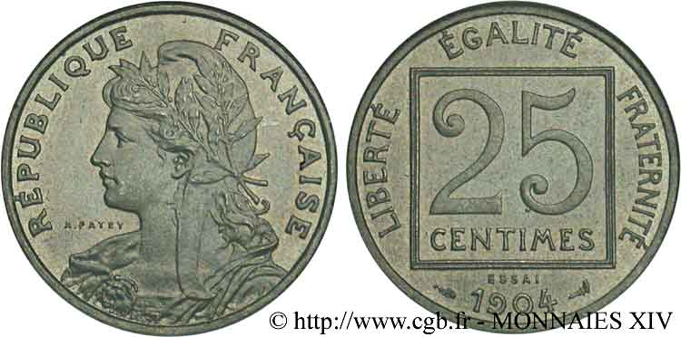 Essai de 25 centimes Patey, avec le mot ESSAI 1904 Paris F.168/2 FDC 
