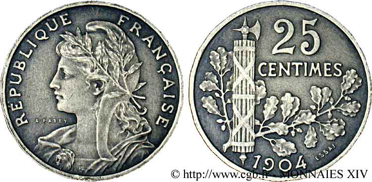 Essai de 25 centimes Patey, 2e type à 22 pans, avec le mot ESSAI 1904 Paris F./ MS 