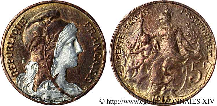 5 centimes Daniel-Dupuis, bronze argenté 1915  F.119/27 var. EBC 