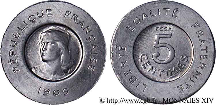 Essai de 5 centimes Rude 1909 Paris VG.4639  AU 