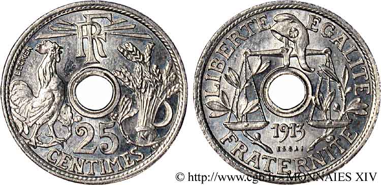 Essai de 25 centimes Becker, grand module 1913  VG.4749  fST 