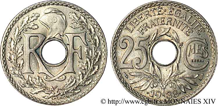 Essai de 25 centimes Lindauer, Maillechort 1938  F.172/1 MS 